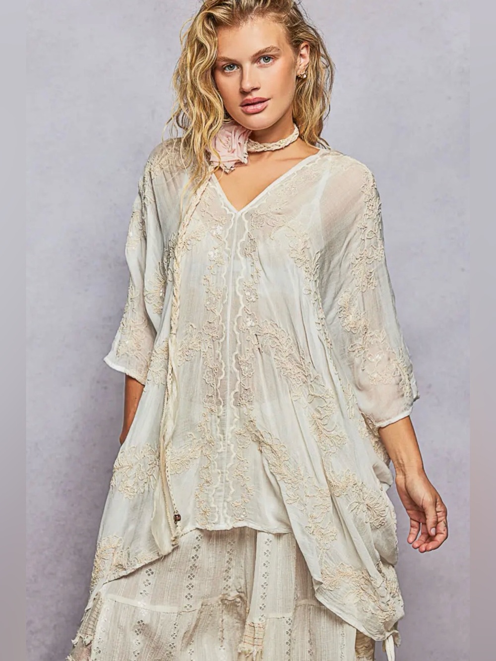 POL 3/4 Sleeve Viscose Embroidered Boho Tassel Top